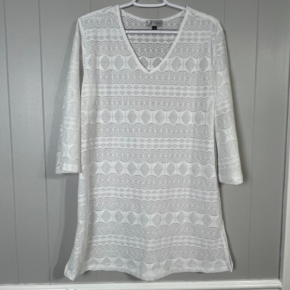 J Valdi White Sheer Lace Swim Cover Up Tunic M 3/4 Sleeve Beach Resort
